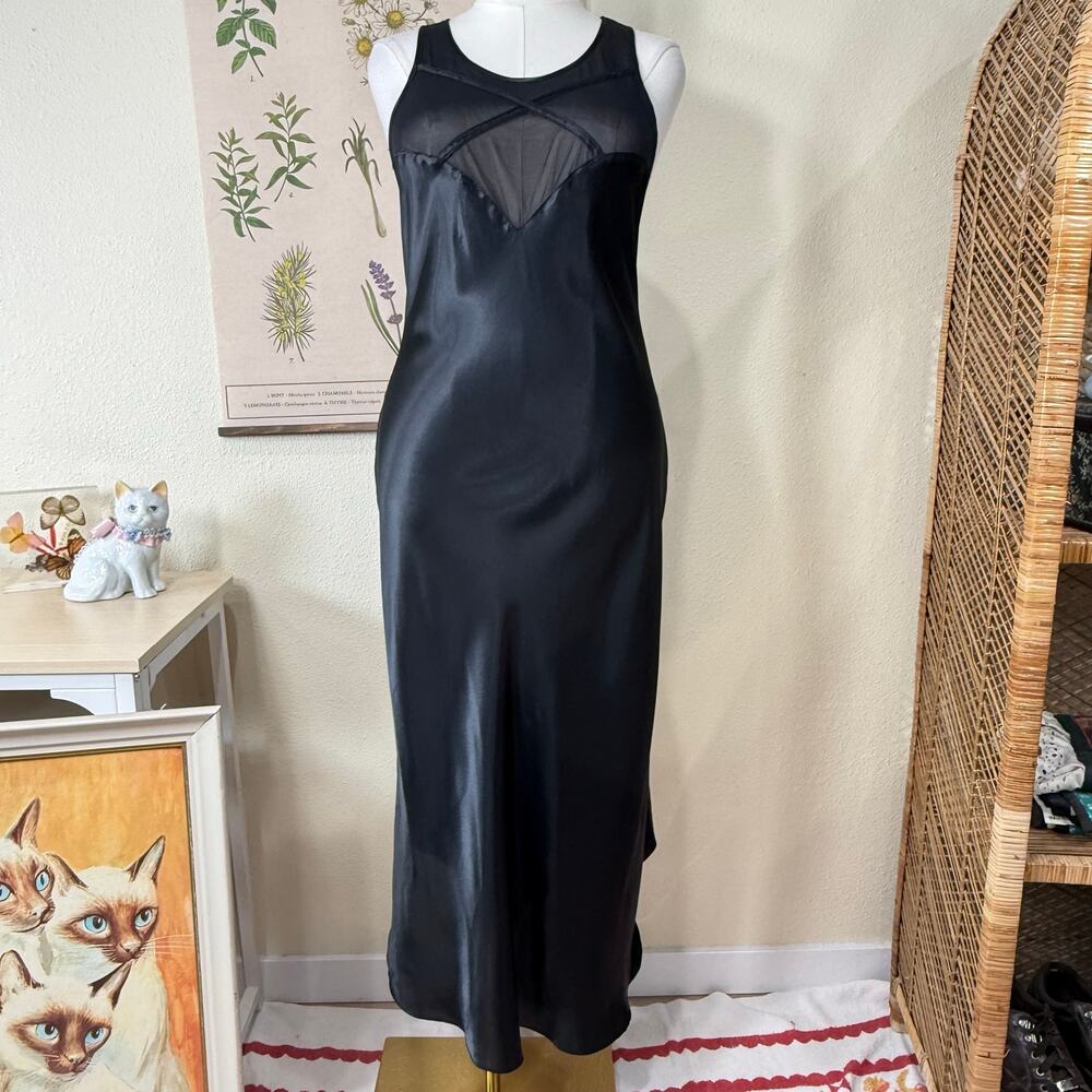 Vintage Satin Sheer Mesh Maxi Slip Dress Romantic Goth Sexy Vampire Whimsigoth M